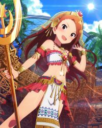 Rule 34 | 1girl, artist request, aztec, bare shoulders, blue sky, blush, brown hair, cloud, collarbone, day, detached sleeves, holding, idolmaster, idolmaster (classic), idolmaster million live!, idolmaster million live! theater days, jewelry, long hair, looking at viewer, midriff, minase iori, navel, necklace, official art, open mouth, outdoors, palm tree, red eyes, sky, smile, solo, staff, strapless, sun, sunlight, tree, veil, wrist cuffs