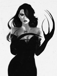 Rule 34 | 1girl, black dress, black hair, breasts, chest tattoo, cleavage, cowboy shot, dress, elbow gloves, eyebrows, fingernails, fullmetal alchemist, gloves, greyscale, hair over one eye, highres, large breasts, lips, long fingernails, long hair, lust (fma), makeup, miawrly, monochrome, ouroboros, simple background, solo, tattoo, white background