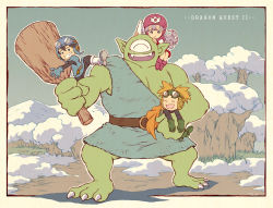 Rule 34 | 1girl, 2boys, blonde hair, breasts, cape, commentary request, curly hair, cyclops (dragon quest), dragon quest, dragon quest ii, goggles, goggles on head, goggles on headwear, hood, long hair, monster, multiple boys, noki (hanken), prince of lorasia, prince of samantoria, princess of moonbrook, purple hair, robe, short hair, spiked hair, white robe