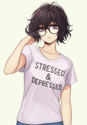 Rule 34 | androgynous, arm up, black-framed eyewear, black hair, clothes writing, collarbone, english text, expressionless, gender request, glasses, hair flip, highres, looking at viewer, messy hair, original, pas (paxiti), purple eyes, ringed eyes, shirt, short hair, simple background, solo, t-shirt, upper body, wavy hair, white shirt, yellow background