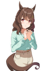Rule 34 | 1girl, animal ears, belt, blue shirt, blush, brown hair, commentary request, ear ornament, grey skirt, hair ornament, hairclip, high-waist skirt, highres, horse ears, horse girl, horse tail, jewelry, light hello (umamusume), long hair, long sleeves, looking at viewer, necklace, pencil skirt, red eyes, shiromaru illust, shirt, skirt, solo, tail, umamusume