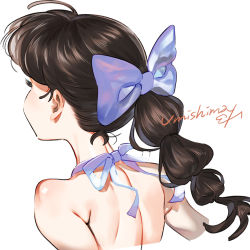Rule 34 | 1girl, bare back, bare shoulders, black hair, blue bow, blue ribbon, bow, facing away, from behind, hair bow, highres, long hair, original, ponytail, ribbon, signature, simple background, solo, teeth, umishima senbon, upper teeth only, white background