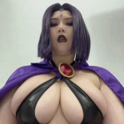 Rule 34 | 1girl, animated, animated gif, asian, breasts, cape, cleavage, japanese (nationality), large breasts, looking at viewer, lowres, photo (medium), plump, raven (dc), real life, tagme, uyuy2907