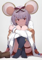 Rule 34 | 1girl, animal ears, black socks, bow, bridal garter, brown bow, closed mouth, commentary request, fake animal ears, full body, granblue fantasy, grey hair, hair bow, hair ornament, hairclip, highres, hinami (hinatamizu), hugging own legs, kneehighs, loafers, looking at viewer, medium hair, mouse ears, red eyes, shadow, shiny skin, shirt, shoes, unworn shoes, simple background, sitting, smile, socks, solo, vikala (granblue fantasy), white background, white shirt, wide sleeves
