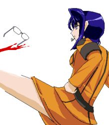 Rule 34 | 00s, 1girl, blood, blue eyes, blue hair, cecile croomy, code geass, glasses, high kick, jacket, kicking, looking to the side, lowres, miniskirt, oekaki, short hair, simple background, skirt, solo, uniform, white background