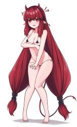 Rule 34 | !?, 1girl, ^^^, absurdres, arknights, bare arms, bare legs, bare shoulders, barefoot, bikini, black bikini, blush, braid, breasts, collarbone, commentary request, demon girl, demon horns, demon tail, eyebrows hidden by hair, fang, full body, groin, hair between eyes, highres, horns, knees together feet apart, long hair, looking at viewer, low twintails, mana (mana20140214), medium breasts, micro bikini, navel, open mouth, pigeon-toed, red eyes, red hair, shadow, side-tie bikini bottom, simple background, solo, standing, swimsuit, tail, thigh gap, twintails, very long hair, vigna (arknights), white background