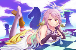 Rule 34 | 1girl, angel wings, arm tattoo, asymmetrical legwear, breasts, chess piece, commentary request, spiked halo, crop top, cross, feathered wings, gloves, gradient hair, grin, halo, jibril (no game no life), large breasts, long hair, looking at viewer, low wings, lying, magic circle, midriff, mismatched legwear, multicolored hair, no game no life, on stomach, pink hair, queen (chess), sideboob, skyrail, smile, solo, symbol-shaped pupils, tattoo, teeth, the pose, very long hair, white wings, wing ears, wings, yellow eyes