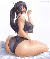 Rule 34 | 1girl, artist name, ass, bare shoulders, bed, black hair, breasts, crop top, crop top overhang, closed eyes, genshin impact, highres, huge ass, large breasts, long hair, mona (genshin impact), open mouth, sitting, sleeveless, solo, superbusty, thick thighs, thighs, twintails, white background, yawning