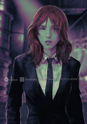 Rule 34 | 1girl, black jacket, black necktie, blurry, blurry background, breasts, brilcrist, brown hair, cissnei, collared shirt, crisis core final fantasy vii, final fantasy, final fantasy vii, instagram username, jacket, looking at viewer, medium breasts, medium hair, necktie, parted bangs, parted lips, shirt, solo, square enix, suit jacket, tumblr username, turks (ff7), twitter username, upper body, white shirt