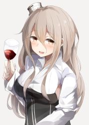 Rule 34 | 10s, 1girl, alcohol, bad id, bad twitter id, blush, breasts, brown eyes, cup, drinking glass, hat, highres, kantai collection, light brown hair, long hair, mini hat, miyabino (miyabi1616), open mouth, pola (kancolle), sideboob, simple background, smile, solo, wavy hair, wine, wine glass