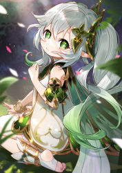 Rule 34 | 1girl, bare shoulders, blurry, blurry background, closed mouth, commentary request, depth of field, dress, from side, genshin impact, gradient background, green eyes, green hair, grey hair, hair between eyes, hand on own knee, highres, long hair, looking at viewer, looking to the side, nahida (genshin impact), nima (niru54), no shoes, pointy ears, side ponytail, sitting, sleeveless, sleeveless dress, smile, socks, soles, solo, stirrup legwear, toeless legwear, very long hair, wariza, white dress, white socks