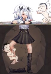 Rule 34 | 1girl, 2boys, barefoot, blue archive, closed eyes, dark-skinned female, dark skin, doodle sensei (blue archive), grey hair, highres, hudeako, iori (blue archive), multiple boys, purple eyes, sensei (blue archive), short hair, tongue, tongue out, twintails, white background