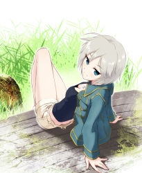 Rule 34 | 10s, 1girl, anastasia (idolmaster), argon (argon18), blue eyes, breasts, butt crack, cleavage, downblouse, downpants, idolmaster, idolmaster cinderella girls, jacket, short hair, shorts, silver hair, sitting, smile, solo