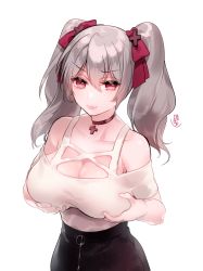 Rule 34 | 1girl, bad id, bad pixiv id, bare shoulders, breast hold, breasts, choker, cleavage, florists daisy, grabbing, grabbing own breast, grey hair, hair ornament, highres, large breasts, long hair, looking at viewer, original, purple eyes, simple background, smile, solo, twintails, white background