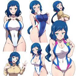 Rule 34 | 1girl, absurdres, aqua eyes, batta 16-sei, blue eyes, blush, breasts, cleavage, commentary request, competition swimsuit, covered navel, cropped legs, gluteal fold, gundam, gundam build fighters, haro, highres, iori rinko, large breasts, looking at viewer, low ponytail, multiple views, one-piece swimsuit, open mouth, ribbed sweater, simple background, smile, sweater, swimsuit, turtleneck, turtleneck sweater, underboob, v, white background