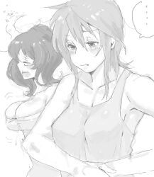 Rule 34 | ..., 2girls, bad drawr id, bad id, bare arms, blush, breast envy, breasts, bursting breasts, character request, cleavage, closed eyes, collarbone, copyright request, greyscale, hand on own stomach, large breasts, medium breasts, monochrome, multiple girls, oekaki, open mouth, pego (peco peco), short hair, sleepy, spoken ellipsis, squeans, tank top, tears, upper body, yawning