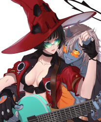 Rule 34 | 1boy, 1girl, absurdres, black choker, black gloves, black hair, black halo, blue horns, blue skin, breasts, choker, cleavage, colored skin, spiked halo, dark halo, electric guitar, fingerless gloves, gloves, green-tinted eyewear, grey hair, guilty gear, guilty gear strive, guitar, halo, happy chaos, hat, highres, hitsuji kusa, horns, i-no, instrument, large breasts, looking at another, medium hair, mole, mole above mouth, orange-tinted eyewear, red headwear, red leather, red lips, short hair, smile, sunglasses, tinted eyewear, venus symbol, witch hat, x-shaped eyewear