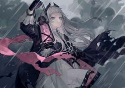 Rule 34 | 1girl, absurdres, ammunition belt, arknights, black jacket, cape, closed mouth, cloud, cloudy sky, commentary request, dress, expressionless, grey eyes, grey hair, grey sky, head wings, highres, holding, holding lantern, irene (arknights), jacket, lantern, long hair, long sleeves, looking at viewer, miike (992058), pink scarf, rain, rapier, scarf, sky, solo, sword, torn cape, torn clothes, torn scarf, upper body, weapon, white dress, wings