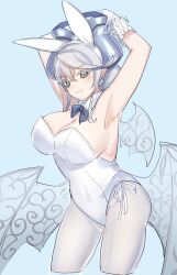 Rule 34 | 1girl, breasts, detached collar, earrings, grey eyes, highres, jewelry, large breasts, leotard, looking at viewer, lovely labrynth of the silver castle, low wings, nernnernneru, playboy bunny, pointy ears, slit pupils, tagme, transparent wings, white hair, white leotard, wings, yu-gi-oh!