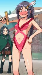 Rule 34 | 2girls, ahoge, armor, artist name, belt, belt pouch, black hair, blue eyes, blue sky, blurry, blurry background, blush, boots, braid, breasts, brown eyes, cape, cleavage, closed mouth, collarbone, commentary request, cross-laced footwear, day, embarrassed, frilled one-piece swimsuit, frills, gloves, gluteal fold, gojarun, green cape, green hair, hair between eyes, hair ornament, hairclip, hand on own hip, highleg, highleg swimsuit, highres, holding, holding staff, hood, idolmaster, idolmaster cinderella girls, knee boots, lace-up boots, long hair, long sleeves, looking at another, looking at viewer, looking down, miyoshi sana, multiple girls, nanjo hikaru, nose blush, one-piece swimsuit, outdoors, plaid, plaid skirt, pleated skirt, pouch, raised eyebrows, shiny skin, sideboob, sidelocks, single braid, skirt, sky, small breasts, smile, solo focus, staff, standing, sweat, sweatdrop, swimsuit, sword, weapon