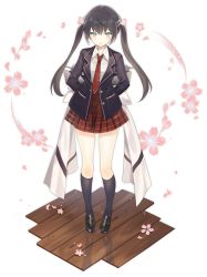 Rule 34 | 1girl, arms behind back, azur lane, black hair, black jacket, black socks, blazer, blue eyes, bow, cherry blossoms, collared shirt, flower, full body, glasgow (a maid in class) (azur lane), glasgow (azur lane), jacket, kneehighs, long hair, long sleeves, looking at viewer, lpip, miniskirt, necktie, official alternate costume, official art, open clothes, open jacket, parted lips, petals, pink flower, red necktie, red skirt, reflection, school uniform, shirt, skirt, socks, solo, standing, thighs, transparent background, twintails, undershirt, white bow, white shirt, wing collar, wooden floor