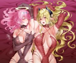 Rule 34 | 2girls, angel, armpits, arms up, blonde hair, blush, breasts, choker, cleavage, covered erect nipples, demon girl, demon horns, elbow gloves, fingernails, gloves, grey gloves, hair intakes, halo, heavy breathing, highleg, highres, hizuki akira, horns, large breasts, long fingernails, long hair, looking at viewer, lying, multiple girls, on back, open mouth, original, pink eyes, pink hair, presenting armpit, red eyes, red gloves, smell, spread armpit, underwear, underwear only