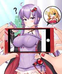 Rule 34 | +++, ?, ahoge, alternate breast size, antenna hair, between breasts, blonde hair, breasts, cellphone, chibi, chibi inset, cleavage, closed mouth, collarbone, expressionless, green eyes, hand on own hip, highres, holding, holding phone, large breasts, long hair, long sleeves, looking at viewer, low twintails, nail polish, necktie, necktie between breasts, one eye closed, phone, purple eyes, red nails, red necktie, smartphone, speech bubble, tenneko yuuri, tsurumaki maki, twintails, voiceroid, yuzuki yukari