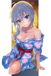 Rule 34 | 10s, 1girl, anastasia (idolmaster), arm support, ashita (2010), bad id, bad twitter id, bare shoulders, blue eyes, breasts, cleavage, collarbone, idolmaster, idolmaster cinderella girls, idolmaster cinderella girls starlight stage, japanese clothes, kimono, looking at viewer, medium breasts, short hair, silver hair, smile, solo