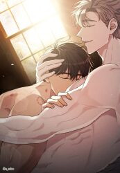 Rule 34 | 2boys, absurdres, bishounen, bite mark, bite mark on shoulder, brown hair, bruise, closed eyes, comforting, cuddling, hickey, highres, ilay riegrow, injury, light smile, lying on person, male focus, multiple boys, o ssion, passion (manhwa), sleeping, sleeping on person, sunlight, white hair, window, window shadow, yaoi