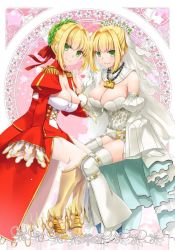 Rule 34 | 10s, 2girls, ahoge, armor, belt, blonde hair, blush, boots, breasts, bridal veil, chain, cleavage, cleavage cutout, clothing cutout, detached sleeves, dress, dual persona, epaulettes, fate/extra, fate/extra ccc, fate (series), flower, gloves, greaves, green eyes, hair intakes, head wreath, heart, invisible chair, juliet sleeves, large breasts, lock, long sleeves, looking at viewer, multiple girls, nakajima yuka, nero claudius (bride) (fate), nero claudius (bride) (second ascension) (fate), nero claudius (fate), nero claudius (fate) (all), nero claudius (fate/extra), padlock, puffy sleeves, short hair, sidelocks, sitting, smile, thigh boots, thighhighs, veil, white gloves, zipper