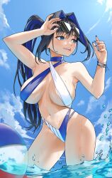 Rule 34 | 1girl, absurdres, archinoer, ball, beachball, bikini, black hair, blue eyes, blue hair, blue nails, blue sky, bracelet, breasts, cloud, colored inner hair, day, eyewear on head, hair intakes, highres, hololive, hololive english, jewelry, large breasts, long hair, multicolored hair, navel, ouro kronii, ponytail, sky, solo, stomach, sunglasses, swimsuit, teeth, tongue, tongue out, two-tone hair, virtual youtuber, wading, water, wet
