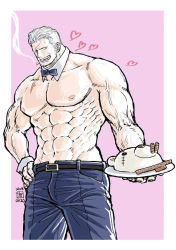 Rule 34 | 1boy, :d, abs, alternate costume, bara, beard, belt, black belt, blue pants, cake, cigar, denim, detached collar, facial hair, feet out of frame, food, hand on own hip, heart, highres, holding, holding cake, holding food, jeans, kokorozashi, large pectorals, male focus, mature male, muscular, muscular male, navel, nipples, one piece, open mouth, pants, pectorals, pink background, scar, scar on chest, topless male, short hair, sideburns, smile, smoke, smoker (one piece), smoking, solo, stomach, stubble, veins, waiter, white hair, wrist cuffs