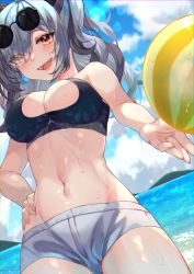 Rule 34 | 1girl, :d, absurdres, arknights, ball, beach, beachball, black hair, blue hair, blue sky, breasts, cleavage, cloud, day, dutch angle, eyes visible through hair, eyewear on head, fage, feater (arknights), from below, hair over eyes, hand on own hip, highres, lens flare, looking at viewer, medium breasts, mountainous horizon, multicolored hair, navel, ocean, open mouth, orange hair, short shorts, shorts, sky, smile, solo, sunglasses, swimsuit, teeth, two-tone hair, upper teeth only, wet, white shorts