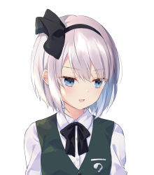Rule 34 | 1girl, :d, black bow, black bowtie, black hairband, blue eyes, blush, bow, bowtie, collared shirt, dress shirt, green vest, hairband, highres, konpaku youmu, looking to the side, meme, open mouth, purin jiisan, shirt, short hair, silver hair, simple background, smile, solo, touhou, upper body, vest, white background, white shirt