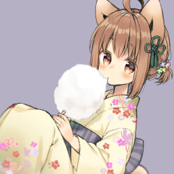 Rule 34 | 1girl, ahoge, animal ears, blush, brown eyes, brown hair, closed mouth, commentary request, cotton candy, dutch angle, eating, floral print, flower, food, hair flower, hair ornament, holding, holding food, japanese clothes, kimono, long sleeves, looking at viewer, midorikawa you, obi, original, print kimono, purple background, sash, short twintails, simple background, sitting, solo, twintails, wide sleeves, yellow kimono