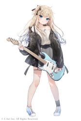 Rule 34 | 1girl, asymmetrical legwear, bare shoulders, black bow, black jacket, black thighhighs, blonde hair, blue eyes, blue footwear, blush, bow, closed mouth, collarbone, commentary request, copyright request, electric guitar, fishnet socks, fishnets, full body, grey skirt, guitar, hair bow, highres, holding, holding instrument, instrument, jacket, mafuyu (chibi21), off shoulder, one side up, open clothes, open jacket, pleated skirt, shirt, shoes, simple background, single sock, single thighhigh, skirt, smile, socks, solo, standing, thighhighs, uneven legwear, watermark, white background, white shirt