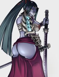 Rule 34 | absurdres, ass, ass cutout, bandaged breasts, bandages, blood, bloody bandages, blue fire, blue skin, breasts, clothing cutout, colored skin, dual wielding, fire, ghost flame, highres, holding, huge ass, looking at viewer, looking back, looking down, medium breasts, monster girl, monster girl encyclopedia, monster girl encyclopedia ii, ochimusha (monster girl encyclopedia), pale skin, ponytail, revealing clothes, samurai, scabbard, sheath, simple background, skai art, slit pupils, sword, undead, weapon, yellow eyes