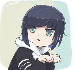 Rule 34 | 1girl, alternate costume, artist name, black hair, bob cut, braid, chibi, commentary request, contemporary, diagonal bangs, genshin impact, green eyes, highres, hood, hoodie, looking at viewer, looking to the side, open hands, simple background, upper body, white hoodie, xinzoruo, yelan (genshin impact)