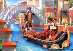 Rule 34 | 1boy, 1girl, absurdres, bare shoulders, blonde hair, blue eyes, boat, breasts, bridge, building, canal, cleavage, day, domino mask, dress, flower, gem, gondola, gown, highres, italy, jewelry, mask, masquerade, medium breasts, nardack, necklace, oar, original, outdoors, pearl (gemstone), plant, red flower, red rose, rose, smile, venice, water, watercraft