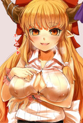 Rule 34 | 1girl, alternate breast size, blush, bracelet, breast hold, breasts, cleavage, dress shirt, covered erect nipples, fang, horns, ibuki suika, jewelry, large breasts, long hair, looking at viewer, matching hair/eyes, nishiuri, open clothes, open mouth, open shirt, orange eyes, orange hair, pointy ears, shirt, sketch, smile, solo, touhou, unbuttoned, upper body