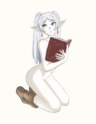 Rule 34 | 1girl, absurdres, arched back, averting eyes, book, boots, brown footwear, earrings, elf, frieren, green eyes, grimoire, highres, holding, holding book, jewelry, kneeling, long hair, navel, nose, nude, parted bangs, parted lips, pointy ears, random owl22, seiza, self-upload, simple background, sitting, solo, sousou no frieren, tsurime, twintails, very long hair, white background, white hair