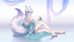 Rule 34 | 1girl, absurdres, animal ears, bare back, barefoot, bikini, black bikini, breasts, extra ears, feet, fluffy, fox ears, fox girl, fox tail, grey background, grey hair, hair ornament, hairpin, highres, holding, kirby d a, knee up, large tail, legs, long legs, looking at viewer, medium breasts, original, purple eyes, sideways glance, simple background, solo, swimsuit, tail, toes