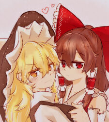 Rule 34 | 2girls, blonde hair, bow, braid, brown hair, chinese commentary, closed mouth, clothes grab, commentary request, detached sleeves, frilled bow, frilled hair tubes, frills, hair bow, hair tubes, hakurei reimu, hat, heart, highres, kirisame marisa, long hair, looking at viewer, multiple girls, niangao (8490593), red bow, red eyes, ribbon-trimmed sleeves, ribbon trim, side braid, single braid, touhou, white bow, witch hat, yellow eyes, yuri