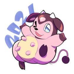 Rule 34 | 2021, :3, :d, artsy-rc, chinese zodiac, commentary, creatures (company), english commentary, game freak, gen 2 pokemon, highres, looking at viewer, miltank, nintendo, no humans, one eye closed, open mouth, pokemon, pokemon (creature), signature, simple background, smile, solo, white background, year of the ox