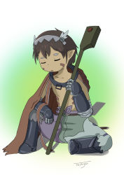Rule 34 | 1boy, armor, artist name, brown hair, child, crosier, dark-skinned male, dark skin, closed eyes, hair ornament, highres, made in abyss, male focus, no nipples, open mouth, regu (made in abyss), simple background, sitting, solo, solo focus, tetongu