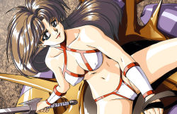 Rule 34 | 1980s (style), 1girl, amazon warrior, bikini, blue eyes, breasts, brown hair, cameltoe, commentary, dennis pulido, english commentary, golden axe, ink (medium), long hair, looking at viewer, monster, oldschool, photoshop (medium), retro artstyle, riding, sega, sitting, solo, swimsuit, sword, traditional media, tyris flare, video game, warrior, weapon, white bikini