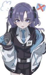 Rule 34 | 1girl, bad id, bad twitter id, black gloves, black jacket, black shorts, blue archive, blue necktie, blush, collared shirt, commentary request, gift card, gloves, hair between eyes, half gloves, hand up, highres, index finger raised, jacket, necktie, off shoulder, open clothes, open jacket, open mouth, purple eyes, purple hair, shirt, shiwa (siwaa0419), short shorts, shorts, simple background, solo, sweat, two side up, white background, white jacket, white shirt, yuuka (blue archive)