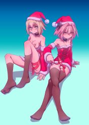 Rule 34 | 1boy, 1girl, absurdres, astolfo (fate), bare shoulders, blonde hair, blue background, blue eyes, bobblehat, breasts, breasts out, brown thighhighs, cleavage, closed mouth, clothes pull, collar, collarbone, covering breasts, covering privates, crossed legs, detached sleeves, dress, dress pull, erection, fate/grand order, fate (series), full body, gradient background, hat, hej (mugmnm51), hej (pixiv13035031), highres, jeanne d&#039;arc (fate), knees up, large breasts, long hair, long sleeves, looking at viewer, no panties, penis, pink hair, purple eyes, red headwear, red ribbon, ribbon, santa dress, santa hat, sitting, smile, testicles, thighhighs, trap, uncensored, upskirt