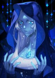 Rule 34 | 1girl, alternate body fluid, blue diamond (steven universe), blue eyes, blue skin, blue theme, breasts, chest jewel, colored skin, crying, diamond-shaped pupils, diamond (shape), dripping, eyelashes, gem, highres, hood, hood up, lips, long hair, looking at viewer, oollnoxlloo, parted lips, sad, silver hair, sleeves past wrists, smile, solo, steven universe, symbol-shaped pupils, tears, upper body