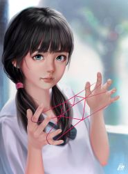Rule 34 | 10s, 1girl, 2016, arms up, artist name, black hair, blue eyes, blurry, blurry background, bokeh, cat&#039;s cradle, day, depth of field, fingernails, hair tie, highres, jin, jintawat puttanawiboon, lens flare, light smile, looking at viewer, low twintails, nose, original, parted bangs, shirt, short sleeves, solo, standing, string, string of fate, twintails, upper body, watermark, white shirt